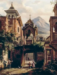 Exteriör av forntida kloster med personer, av Giovanni Migliara (1785-1837) (signerad Teodolinda Migliara), olja ombord