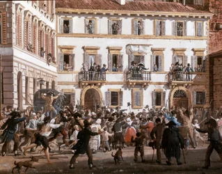 General Domenico Pino (1760-1826) harangue insurges in the Teatro dei Filodrammatici square in Milan on 20/04/1811 Painting by Giovanni Migliara (1785-1837) Milan, Museo di Milano
