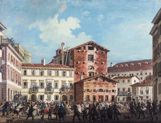 Milan, arg folkhop attackerar finansminister Giuseppe Prinas hus, den 20 april
