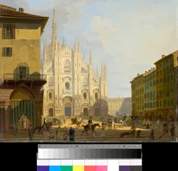 Utsikt över Piazza Duomo i Milano, Italien (Katedraltorget i Milano) Målning av Giovanni Migliara (1785-1837) 1828 Privat samling