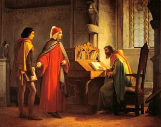 Dante Alighieri (1265-1321) presenterar Giotto för Guido da Polenta, av Giovanni Mochi (1829-1892), olja ombord
