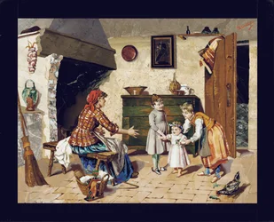 Bildtavla som visar en stuginteriörscen med mamma, två unga flickor och ett spädbarn som tar sina första steg, Florens, ca 1900-10 (pietra dura)