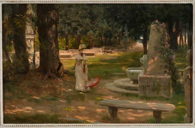 En promenad i Villa Borghese (olja på panel)