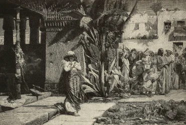 Magdalena, kvinna med turban och procession i by i Mellanöstern, gravyr av bröderna Cantagalli efter målning av Giovanni Muzzioli (1854-1894), Modena, Italien från L