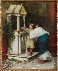 Mor och dotter framför ett litet tempel (olja på duk)