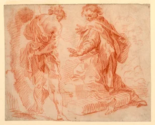 Teckning, stående och knäböjande figurer, 1735-1740