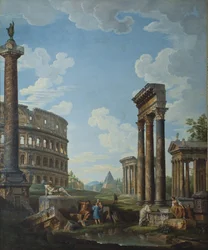 En capriccio med figurer bland romerska ruiner, inklusive Konstantins båge och Pantheon