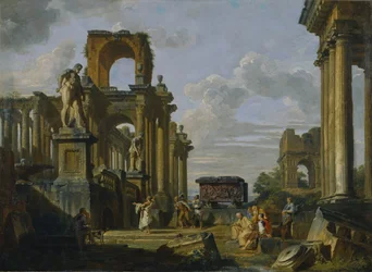 Arkitektoniskt capriccio över Forum Romanum med filosofer och soldater bland antika ruiner