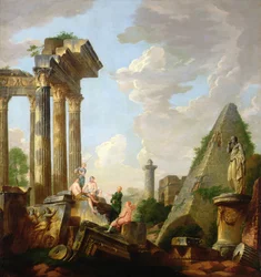 En arkitektonisk Capriccio med en predikande apostel före ruiner (olja på duk)