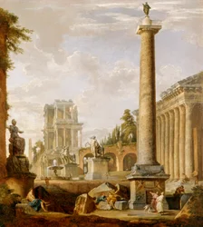 Capriccio av romerska ruiner med Trajanus kolumn (olja på duk)