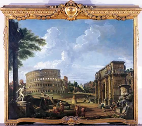 Colosseum och Konstantins båge av Giovanni Paolo Pannini (1691-1765)