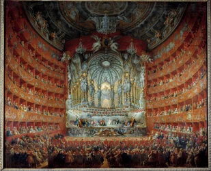 Konsert ges på teatern Argentina i Rom den 15 juli 1747 i samband med delfinen Louis de France (1729-1765), son till Ludvig XV, med Marie Josephe av Sachsen. Målning av Giovanni Paolo Pannini (Panini) (1691-1765)