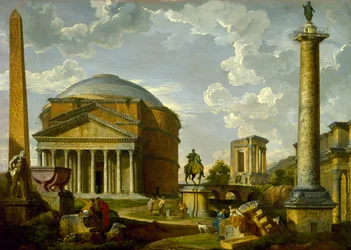 Fantasy View med Pantheon och andra monument i antikens Rom