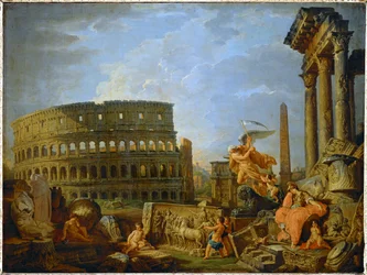 Colosseum och Konstantins båge med allegorin om det romerska imperiets dekadens ... (målning på duk)