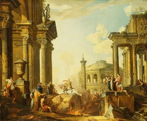 Marcus Curtius hoppar in i avgrunden, en Capriccio med Trajanus kolumn och andra klassiska byggnader bortom,