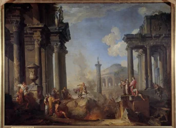 Marcus Curtius kastar sig i avgrunden Den tappre romerske medborgaren Marcus Curtius offrade sig till de romerska gudarna genom att kasta sig in i ett forum 362 f.Kr. Målning av Giovanni Paolo Pannini (Panini) (1691-1765) 1700-talets sön. 0,99 x 1,34 m