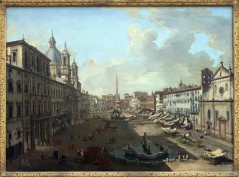 Piazza Navona (Piazza Navona) i Rom med Neptunus fontän i förgrunden, Oljemålning på duk av Giovanni Paolo Pannini (Panini) (1691-1765). Fotografi, KIM Youngtae, Nantes, Musee des Beaux Art de Nantes.
