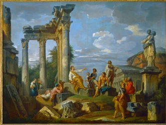 Rovdjur mitt i ruinerna i Rom berikad med figurer, med Pantheon och statyn av Flora ... (målning på duk)