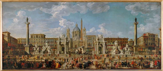 Förberedelser inför fyrverkerierna och dekorationerna inför festligheterna på Piazza Navona i Rom den 30 november...