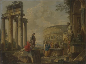 Colosseum bland romerska ruiner, omkring 1730