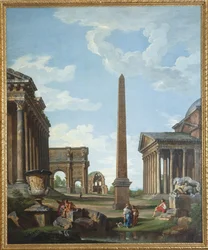 En capriccio med romerska ruiner och en scen ur Belisaires liv - Målning av Giovanni Paolo Panini (Pannini) (1691-1765), olja på duk, 210,8x173 cm - (En capriccio med romerska ruiner och en scen ur Belisarius liv , Olja på duk av Gio