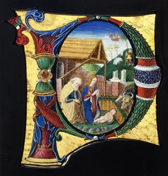 En stor historisk initial "P", föreställande en julkrubba, c.1490