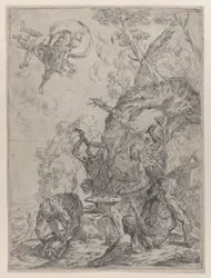 Vulkansmedjan med smeder som slår ett städ med hammare..., 1640-59.