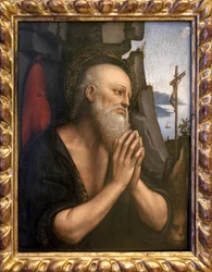 S:t Jeromes ångerfulla. Målning av Giovanni Pedrini eller Giovan Pietro Rizzi eller Gian Pietro Rizzoli känd som Giampietrino (aktiv 1495 till 1549), olja på trä, italiensk konst, från Leonard de Vincis följe (1452-1519), renässans. Museum of Fine Arts d