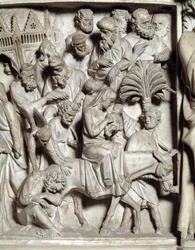 Detalj av relieferna av stolen realiserade av Giovanni Pisano (1248-1314): Detalj av relieferna från marmorpredikstolen, flygning in i Egypten 1302-1311 Cathedrale de Pisa (Duomo di Pisa), Italien