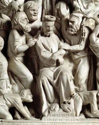 Detalj av relieferna av stolen realiserade av Giovanni Pisano (1248-1314): Detalj av relieferna av marmorpredikstolen, Jesus hånade 1302-1311 Cathedrale of Pisa (Duomo di Pisa), Italien