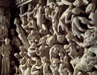 Detalj av relieferna av stolen realiserade av Giovanni Pisano (1248-1314): damns (Detalj av relieferna av marmorpredikstolen) 1302-1311 Cathedrale de Pisa (Duomo di Pisa), Italien