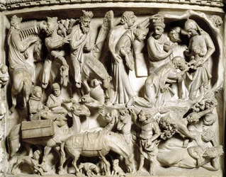 Detalj av relieferna av stolen realiserade av Giovanni Pisano (1248-1314): resan och tillbedjan av magi (Detalj av relieferna på marmorpredikstolen, resan och tillbedjan av magi) 1302-1311 Cathedrale of Pisa (Duomo di Pisa), Italien