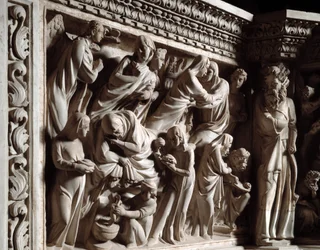 Detalj av relieferna av stolen realiserade av Giovanni Pisano (1248-1314): bebådelsen, besöket och födelsen av Johannes Döparen (Detalj av relieferna från marmorpredikstolen, bebådelse, besök och födelse av Johannes Döparen) 1302 -1311 Cath