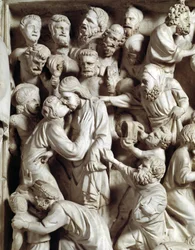 Detalj av relieferna av stolen realiserade av Giovanni Pisano (1248-1314): Judas kyss (Detalj av relieferna på marmorpredikstolen, kyss av Judas) 1302-1311 Cathedrale of Pisa (Duomo di Pisa), Italien
