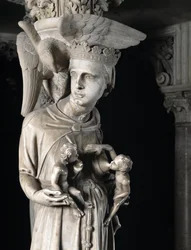 Detalj av de skulpterade grupperna som stöder stolen realiserad av Giovanni Pisano (1248-1314): Kyrkan som ger näring till sina barn (Detalj av skulpturerna som stöder marmorpredikstolen, kyrkan matar sina barn) 1302-1311 Cathedrale de Pisa (Duomo di Pis