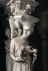 Detalj av de skulpterade grupperna som stöder stolen realiserad av Giovanni Pisano (1248-1314): Kyrkan som ger näring åt sina barn (Detalj av skulpturerna som stöder marmorpredikstolen, kyrkan matar sina barn) 1302-1311 Cathedrale de Pisa (Duomo di Pis)