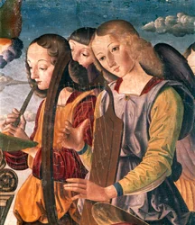 Änglar med instrument, detalj från Holy Conversation with Madonna and Child tronar med donator och helgon
