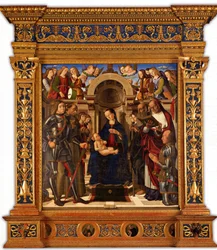 Pala Oliva. Madonna och barn tronade mellan Saints George, Francis of Assisi..., 1489.