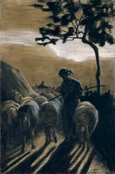 Flock on road av Giovanni Segantini (1858-1899)