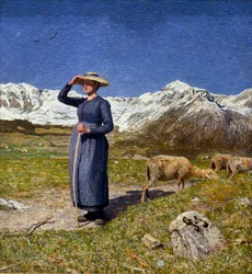 Middag i Alperna. En herdinna skyddar sina ögon från solen. Målning av Giovanni Segantini (1858-1899), 1891, 7,5 x 71,57 cm, samling O. Fischebacher