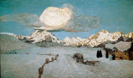 Naturens triptyk eller Engadin: ”Döden”, målning av Giovanni Segantini (1858-1899), 1896-1899, sol, 192 x 320 cm, St. Moritz, Musée Segantini