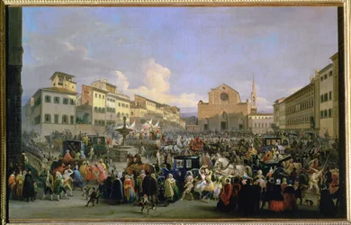 Utsikt över Piazza Santa Croce i samband med en karneval, 1846