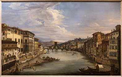 Utsikt över Arno från Ponte Vecchio mot Alle Grazie-bron