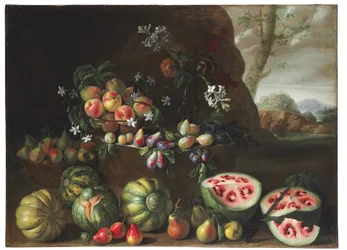 Vattenmeloner, persikor, päron och annan frukt i ett landskap