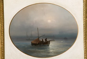 Marina med båtar (olja på kartong)