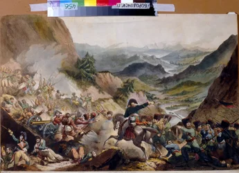 Prins Pierre de Bagration (1765-1812) ledde kosackerna för att attackera Alperna. (Prins Piotr Ivanovitch Bagration leder kosackerna till attacken i Alperna). Den ryske hjälten beskrivs under det andra italienska fälttåget (1799-1800), under den