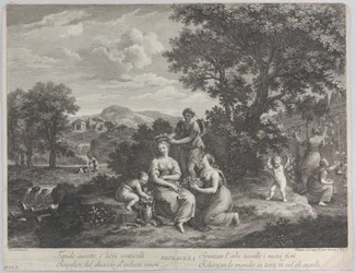Primavera, en grupp kvinnor som samlar in blommor och gör kronor av dem, ca. 1764.