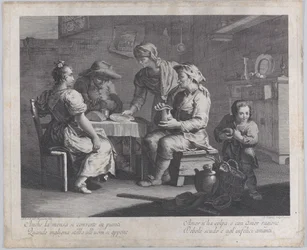 Tre personer satt runt ett bord till vänster när en man kommer med en tom tallrik..., 1760-70.