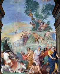 Muserna och poeterna jagar i Parnassos (muser och poeter fördrivna från Parnassos) Freskdetalj av Giovanni da San Giovanni (1592-1636) 1634-1642 Museo degli argenti, Palazzo Pitti, Florens