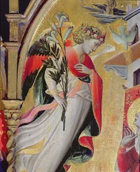 Ärkeängeln Gabriel, detalj från Bebådelsen med SS Lawrence, Benedict, Johannes Döparen och Nicholas, 1434 (tempera & bladguld på panel)